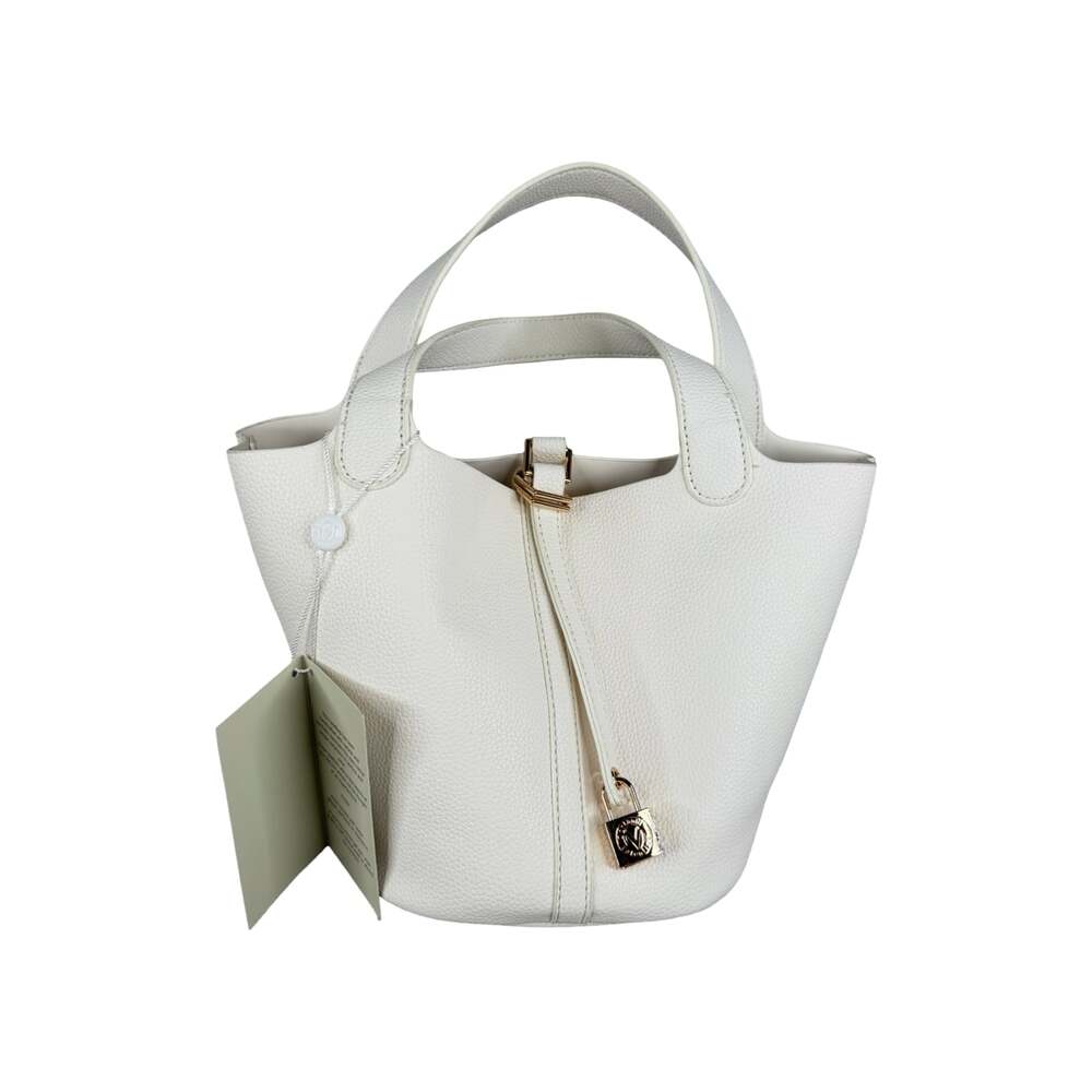 Valentino Orlandi White Pebbled Leather Bucket Bag with Gold Lock Charm